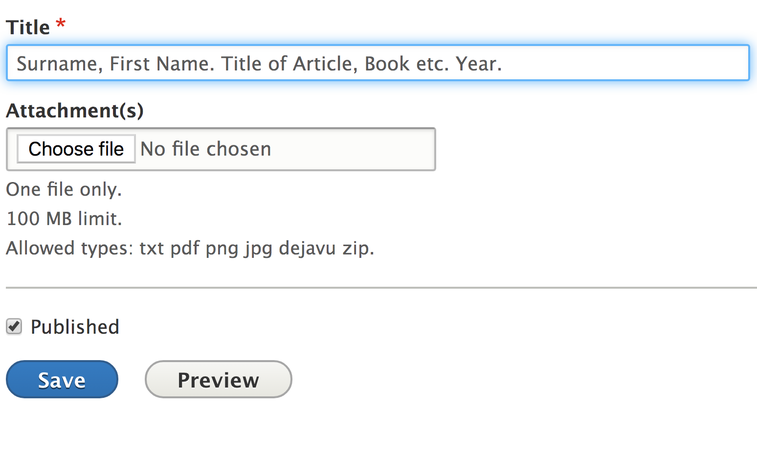 Title field at bottom of Create Bibliography item form